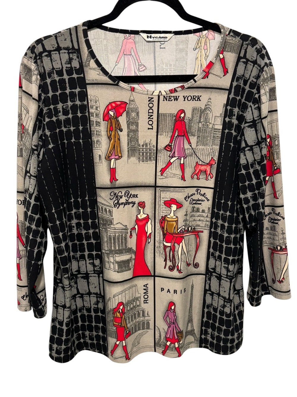 Nygard Collection Red Cross & Black Graphic Travel-Print Women's Top
